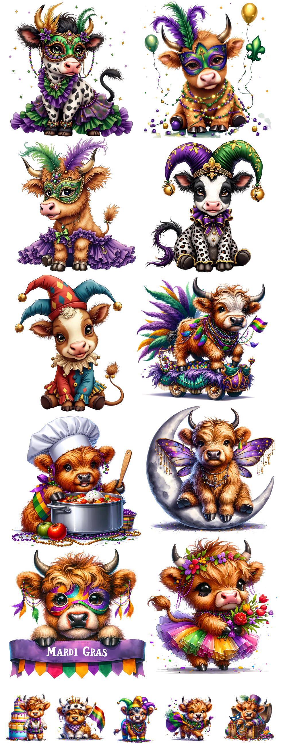 Mardi Gras Highland Cow DTF 60" Ready to Ship Gang Sheet