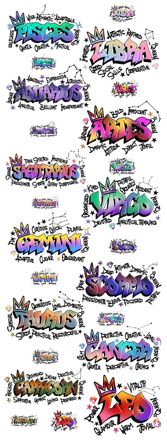 Graffiti Zodiac DTF 60" Ready to Ship Gang Sheet